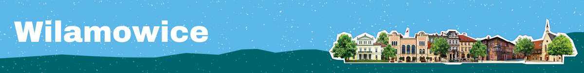 Baner z nazwą gminy Wilamowice z budynkami przedstawionymi w tle