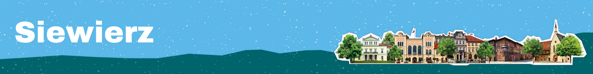 Baner z nazwą gminy Siewierz z budynkami przedstawionymi w tle