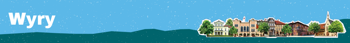 Baner z nazwą gminy Wyry z budynkami przedstawionymi w tle