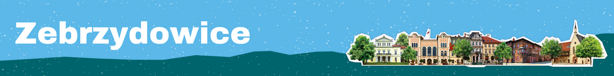 Baner z nazwą gminy Zebrzydowice z budynkami przedstawionymi w tle