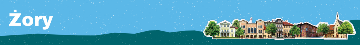Baner z nazwą gminy Żory z budynkami przedstawionymi w tle