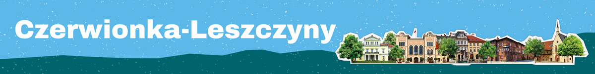 Baner z nazwą gminy Czerwionka-Leszczyny z budynkami przedstawionymi w tle