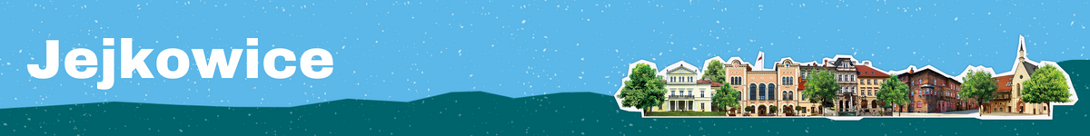 Baner z nazwą gminy Jejkowice z budynkami przedstawionymi w tle
