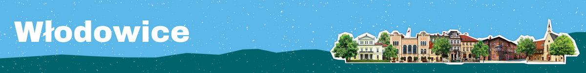 Baner z nazwą gminy Włodowice z budynkami przedstawionymi w tle