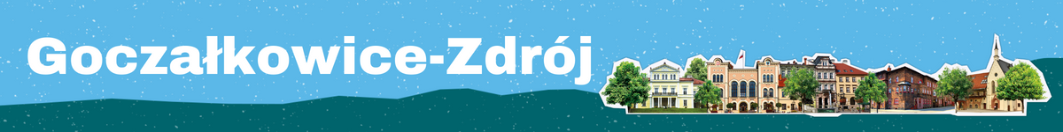 Baner z nazwą gminy Goczałkowice-Zdrój z budynkami przedstawionymi w tle