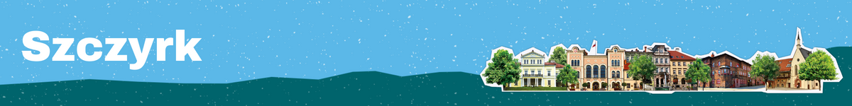 Baner z nazwą gminy Szczyrk z budynkami przedstawionymi w tle