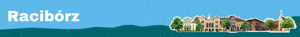 Baner z nazwą gminy Racibórz z budynkami przedstawionymi w tle