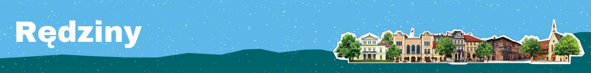 Baner z nazwą gminy Rędziny z budynkami przedstawionymi w tle