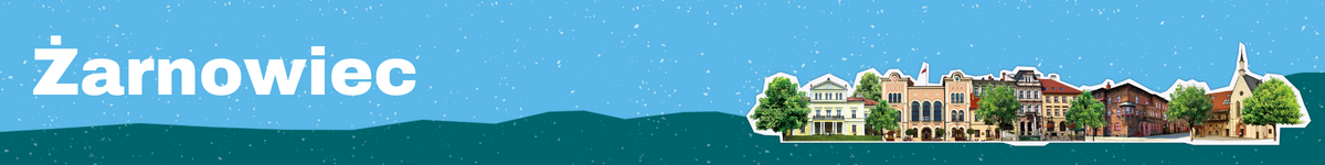Baner z nazwą gminy Żarnowiec z budynkami przedstawionymi w tle