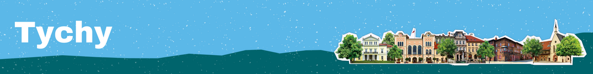 Baner z nazwą gminy Tychy z budynkami przedstawionymi w tle