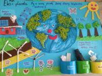 Competition entry - a smiling planet with renewable energy sources.