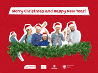 Holiday card. The Śląscy family, wearing Santa hats, standing behind a Christmas tree garland. The caption reads, "Merry Christmas and a Happy New Year!"