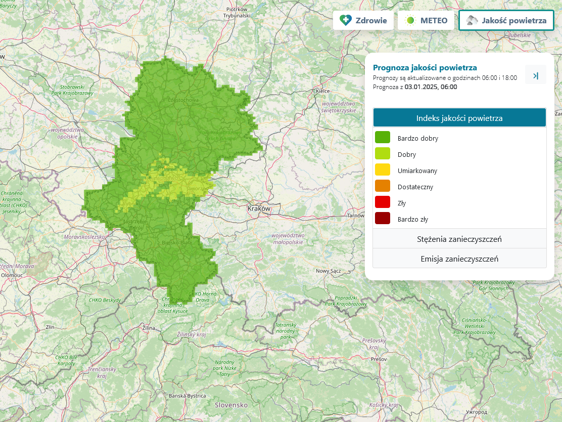 Mapa jakości powietrza na terenie województwa śląskiego